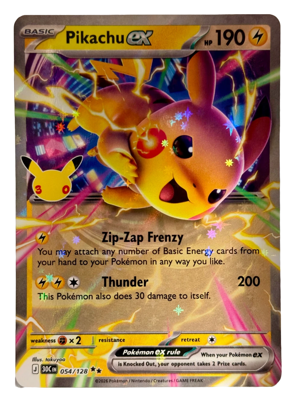 Pikachu Ex 054/128 from 30th Celebration — Holo, front photograph