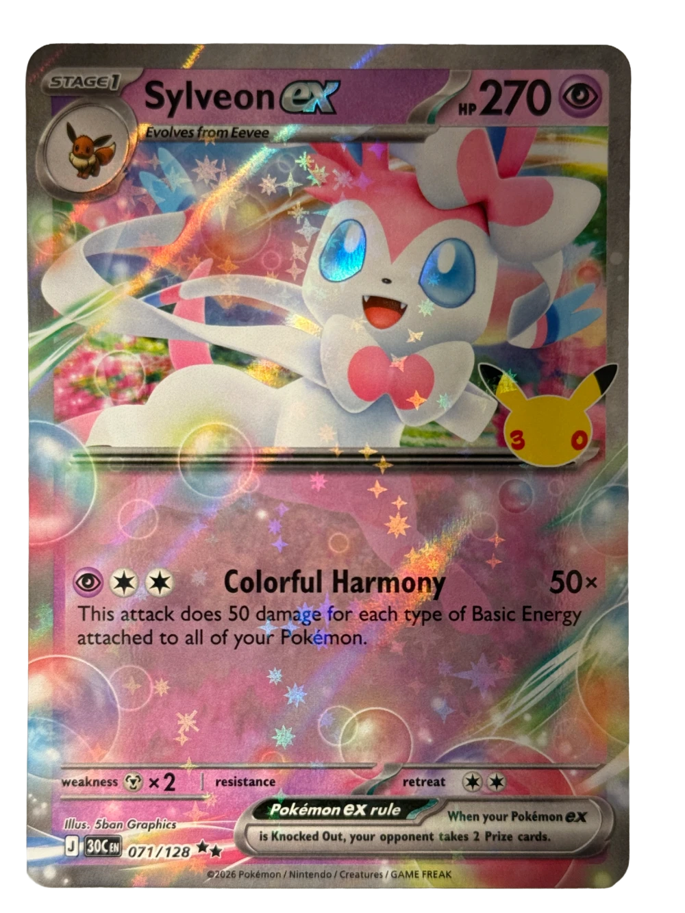 Sylveon Ex 071/128 from 30th Celebration — Holo, front photograph